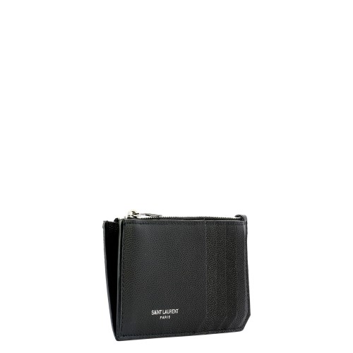 SAINT LAURENT Grained Leather Zipped Cardholder, Silver Hardware