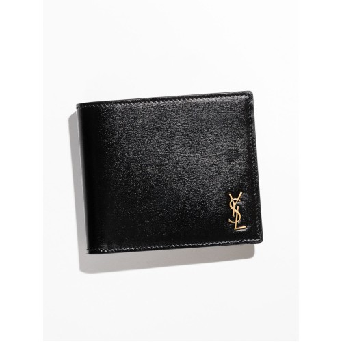 SAINT LAURENT Bifold Leather Wallet, Gold Hardware