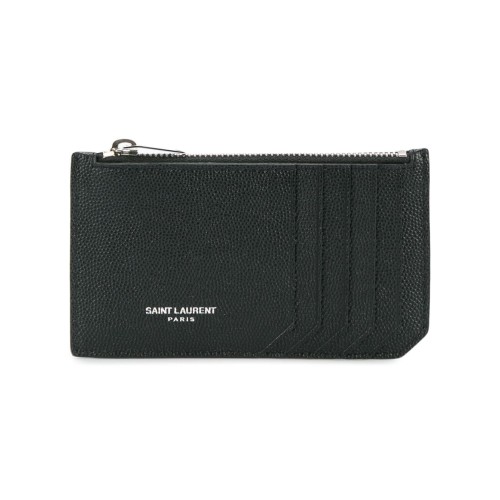 SAINT LAURENT Grained Leather Zipped Cardholder, Silver Hardware