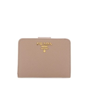 PRADA Logo Plaque Bifold Wallet with Zip Pouch, Gold Hardware