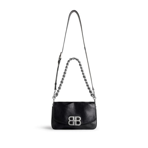BALENCIAGA BB Logo Soft Leather Shoulder Bag, Silver Hardware