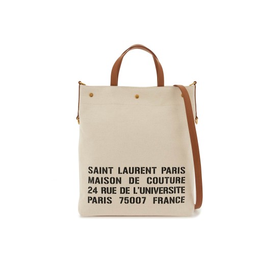 SAINT LAURENT Unisex Universite North/South Foldable Tote Bag In Canvas And Smooth Leather - Greggio
